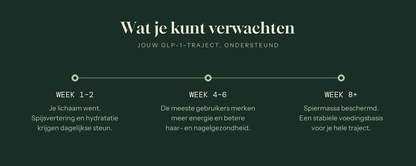 Wat je kunt verwachten bij Mayntain Daily — GLP-1 traject ondersteuning per fase: week 1-2, 4-6 en 8+