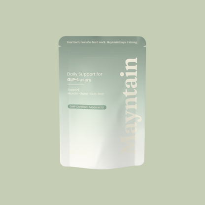 Mayntain Daily GLP-1 supplement pouch — 60 capsules, ondersteunt spieren, botten, darm & haar. GMP-gecertificeerd, gemaakt in de EU.