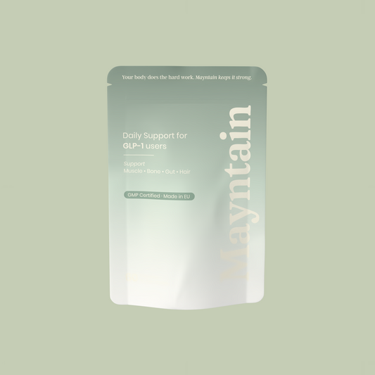 Mayntain Daily GLP-1 supplement pouch — 60 capsules, ondersteunt spieren, botten, darm & haar. GMP-gecertificeerd, gemaakt in de EU.
